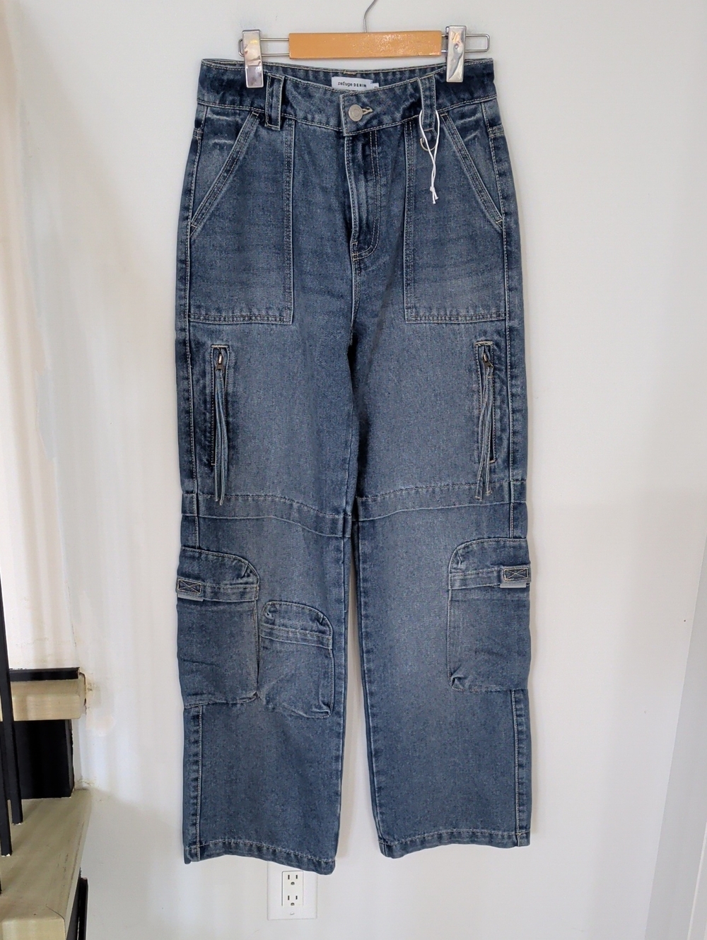REFUGE DENIM | Women's Medium Acid Wash Wide Leg High-Rise Cargo Jeans